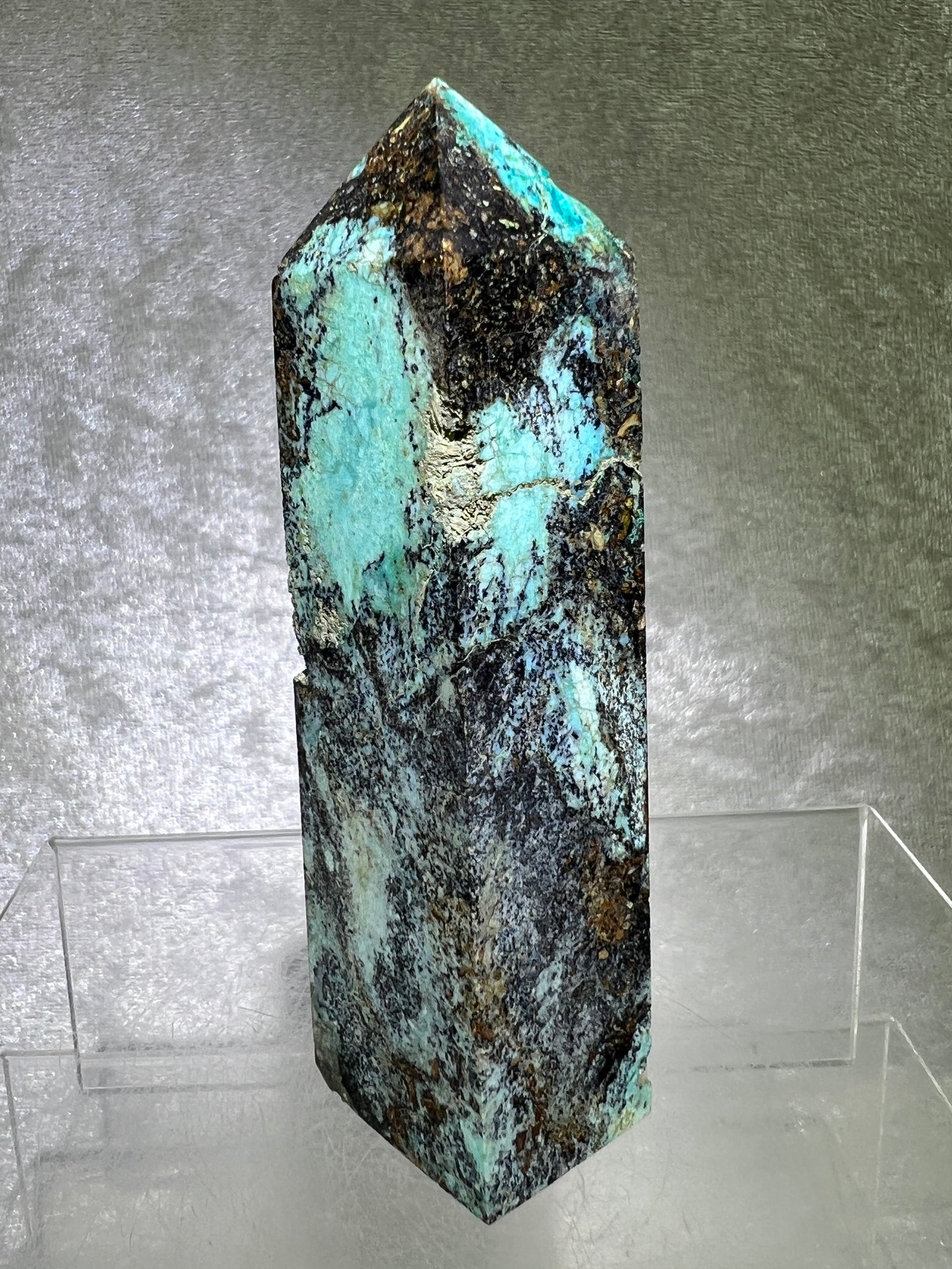 Azurite, Chrysocolla, And Malachite Druzy Tower. Rare And Beautiful Crystal Point.