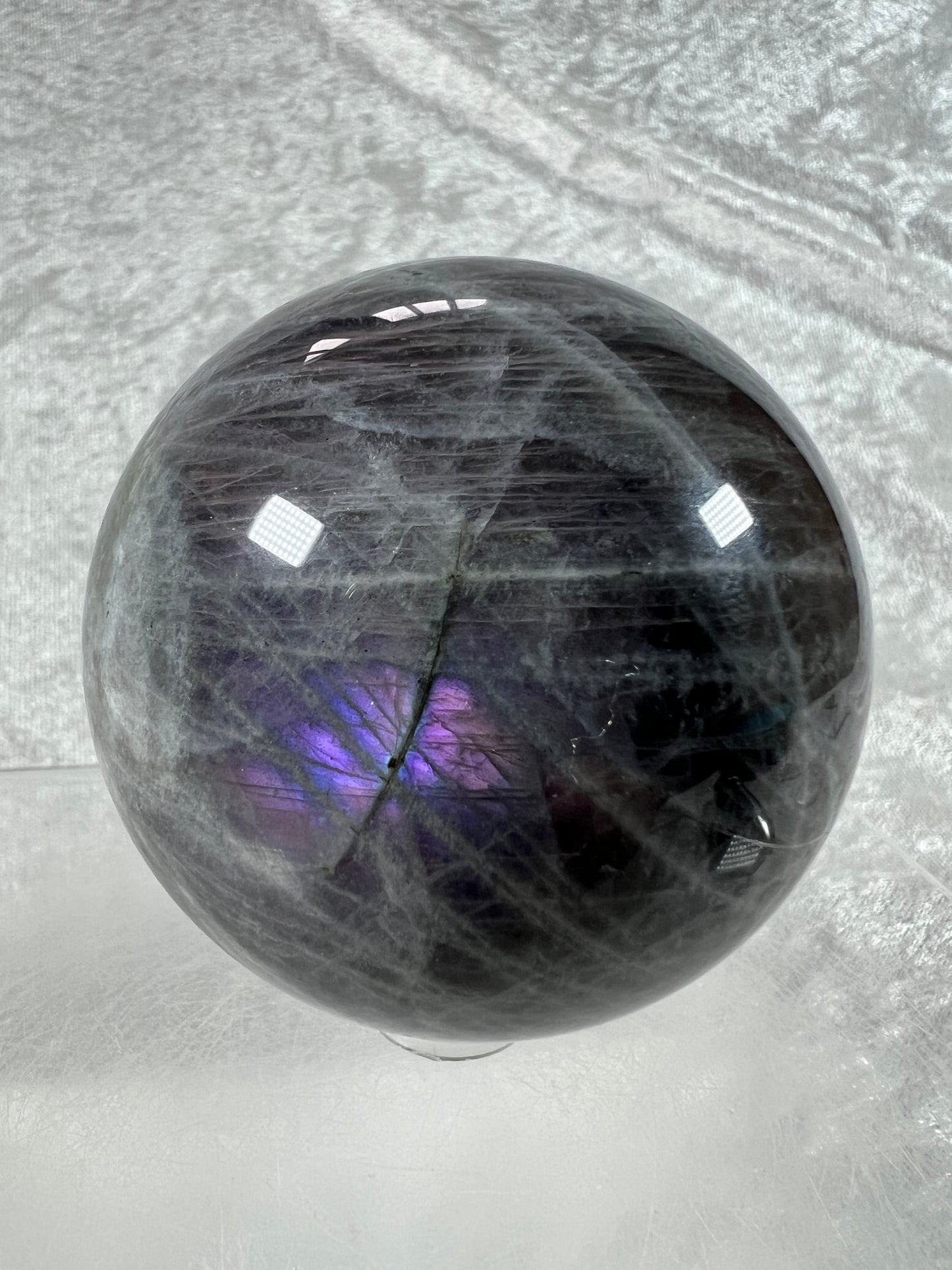 Labradorite Crystal Sphere. 66mm. Very Rare Rainbow Flash With Purple, Pink, Yellow, Orange, And Blue. Amazing Sphere!