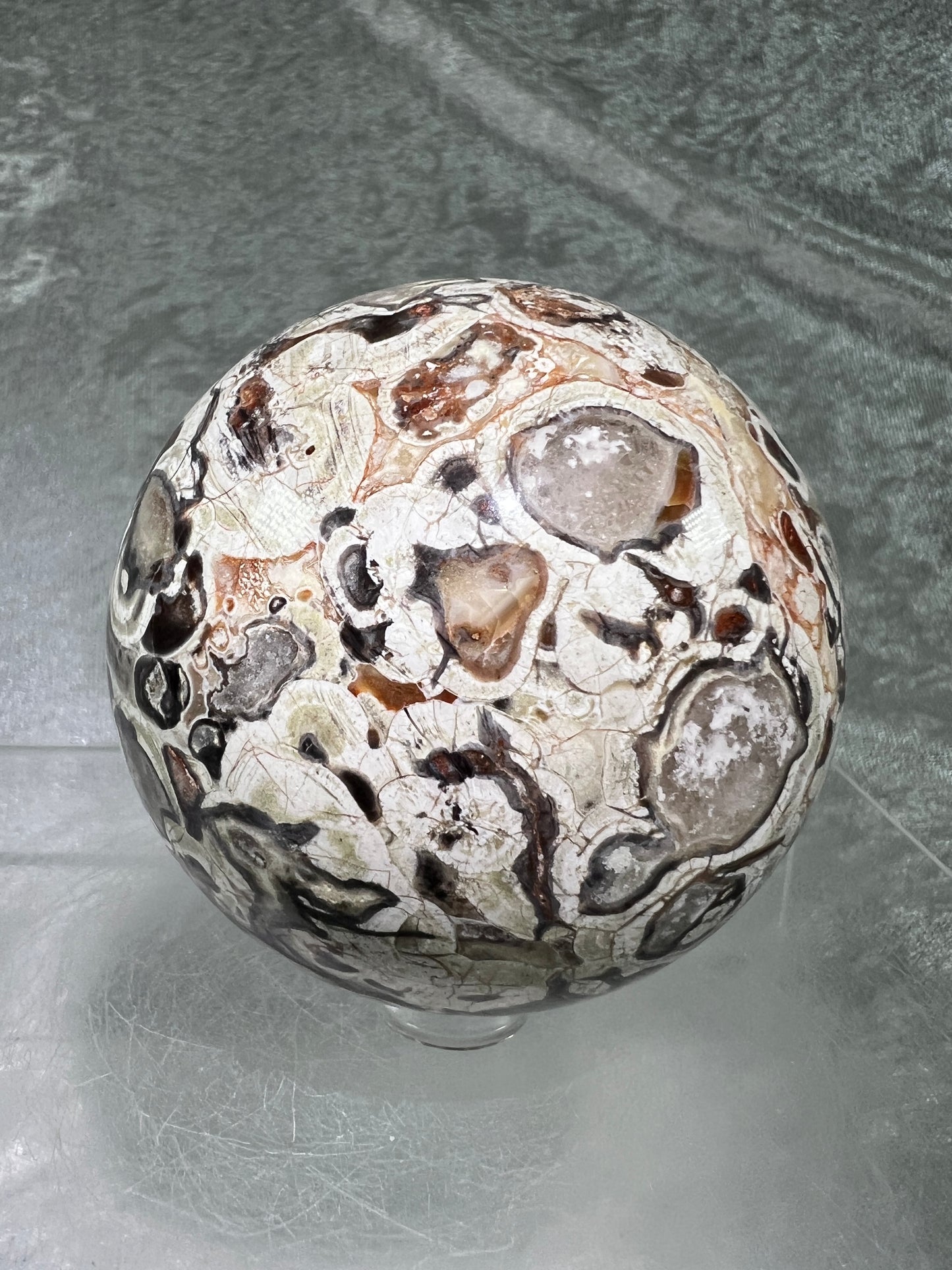 Money Agate Crystal Sphere. 69mm. Stunning Indonesian Bloodstone. Amazing Colors And Patterns