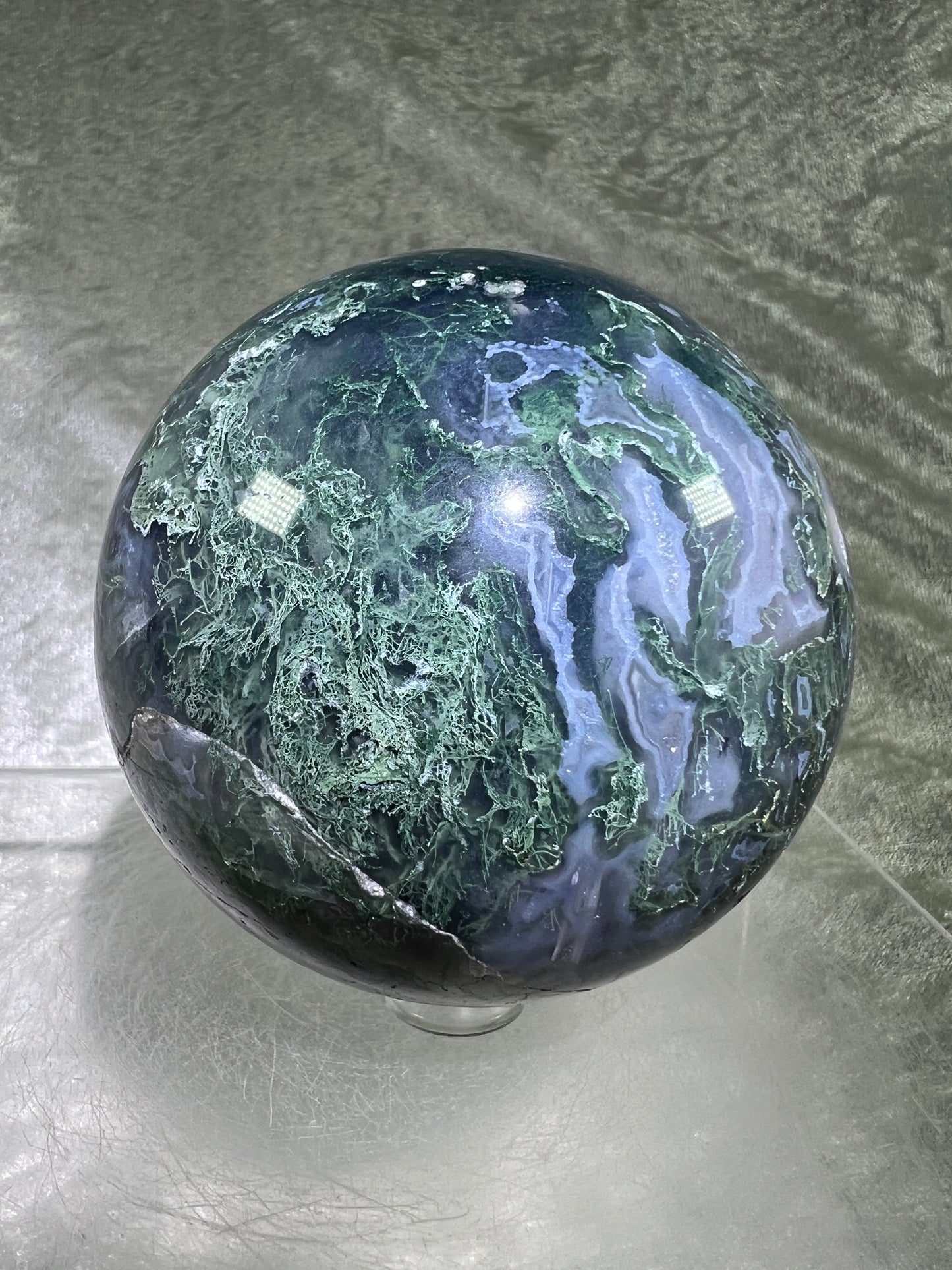 Moss Agate Sphere. 77mm. Amazing Druzy Blue Moss Agate. Rare Colors With Gorgeous Patterns.