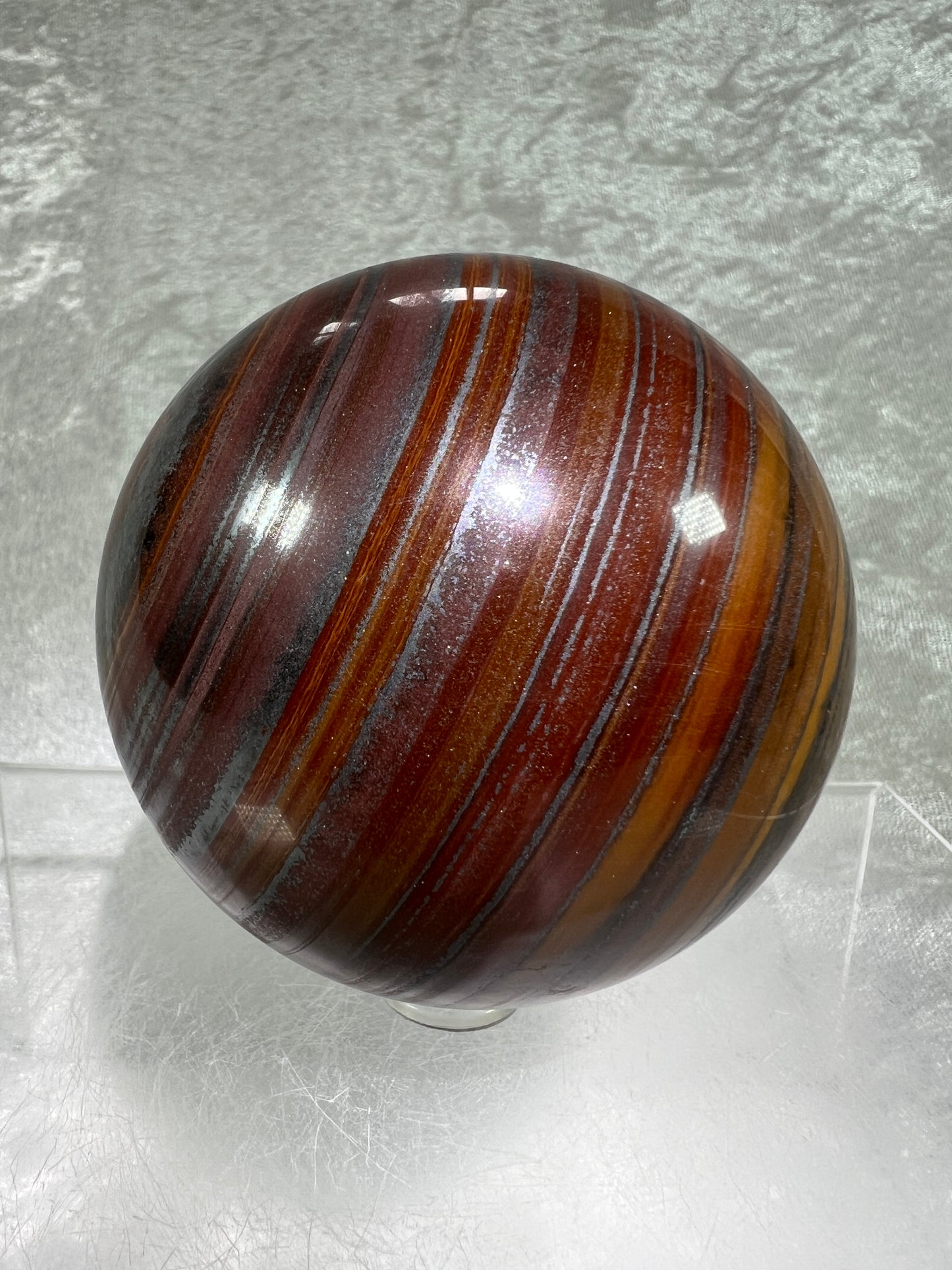 Tiger Iron Crystal Sphere. 72mm. Rare High Quality Display Sphere With Amazing Flash.