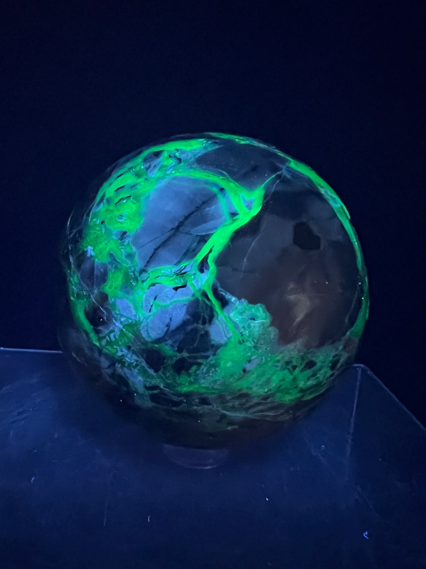 Volcano Agate Sphere. 71mm. Amazing Unique Druzy. Intense Green UV Reactive Sphere.