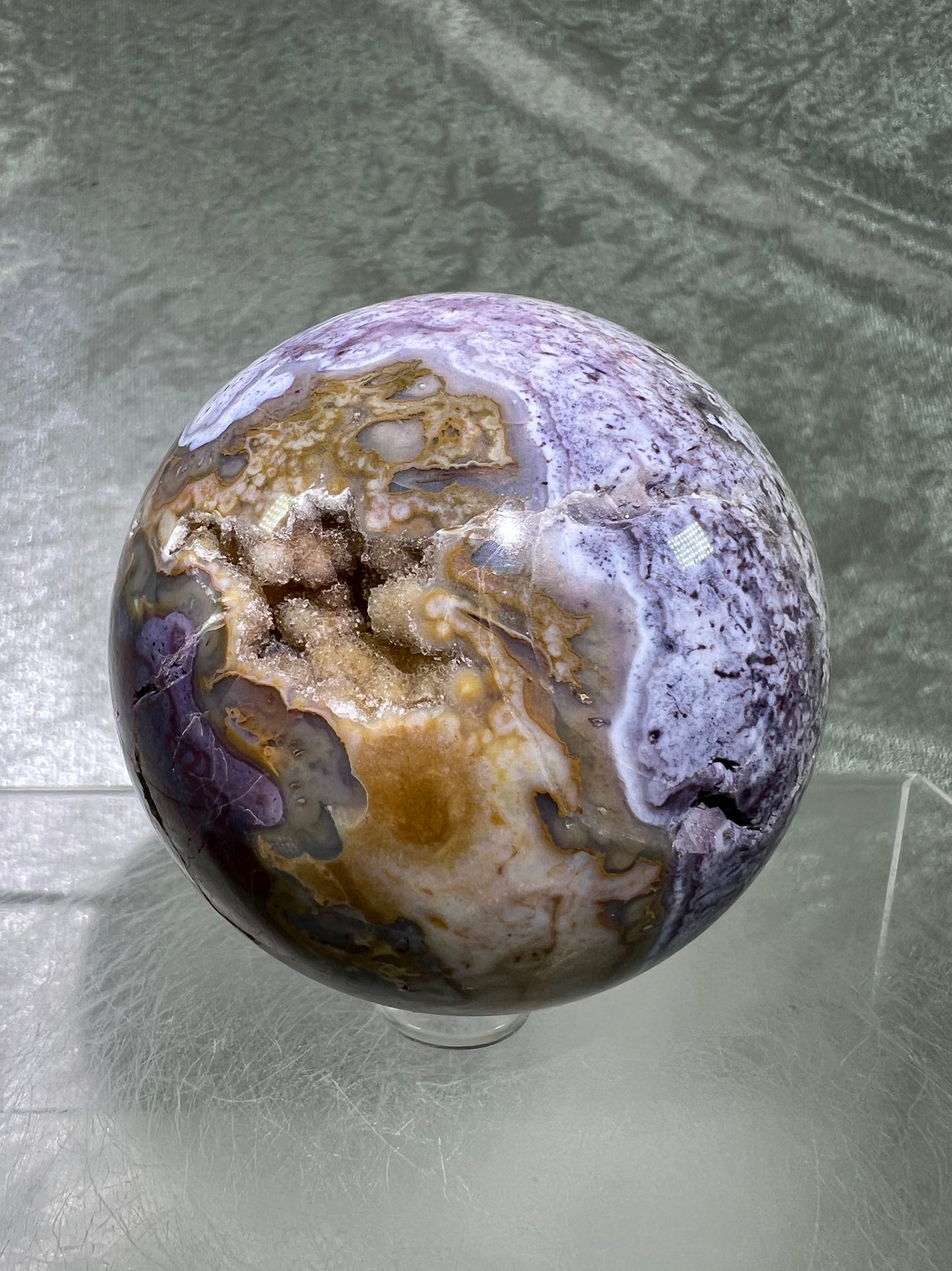 Mexican Crazy Lace Agate Sphere. Very Rare Purples And Gorgeous Sugar Druzy.