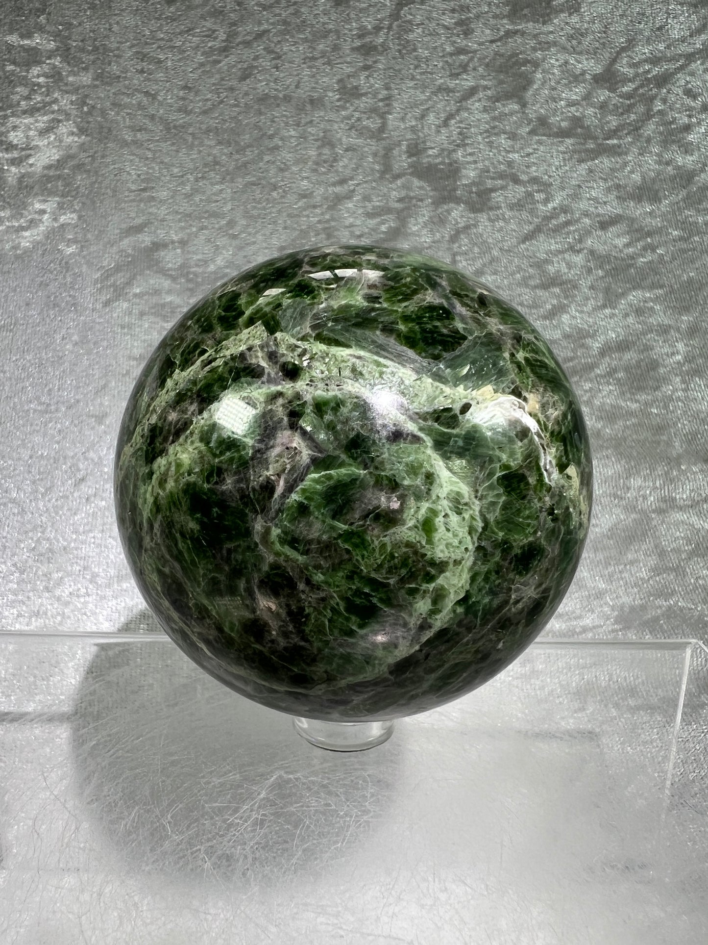 Diopside Crystal Sphere. 69mm. Very Rare And High Quality Display Sphere. Lots Of Beautiful Flash