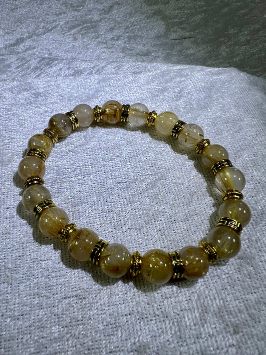 Rutile Quartz Crystal Bead Bracelet. Beautiful Rutilated Quartz Bracelet. 9.5mm. Two Different Styles Of Spacers.