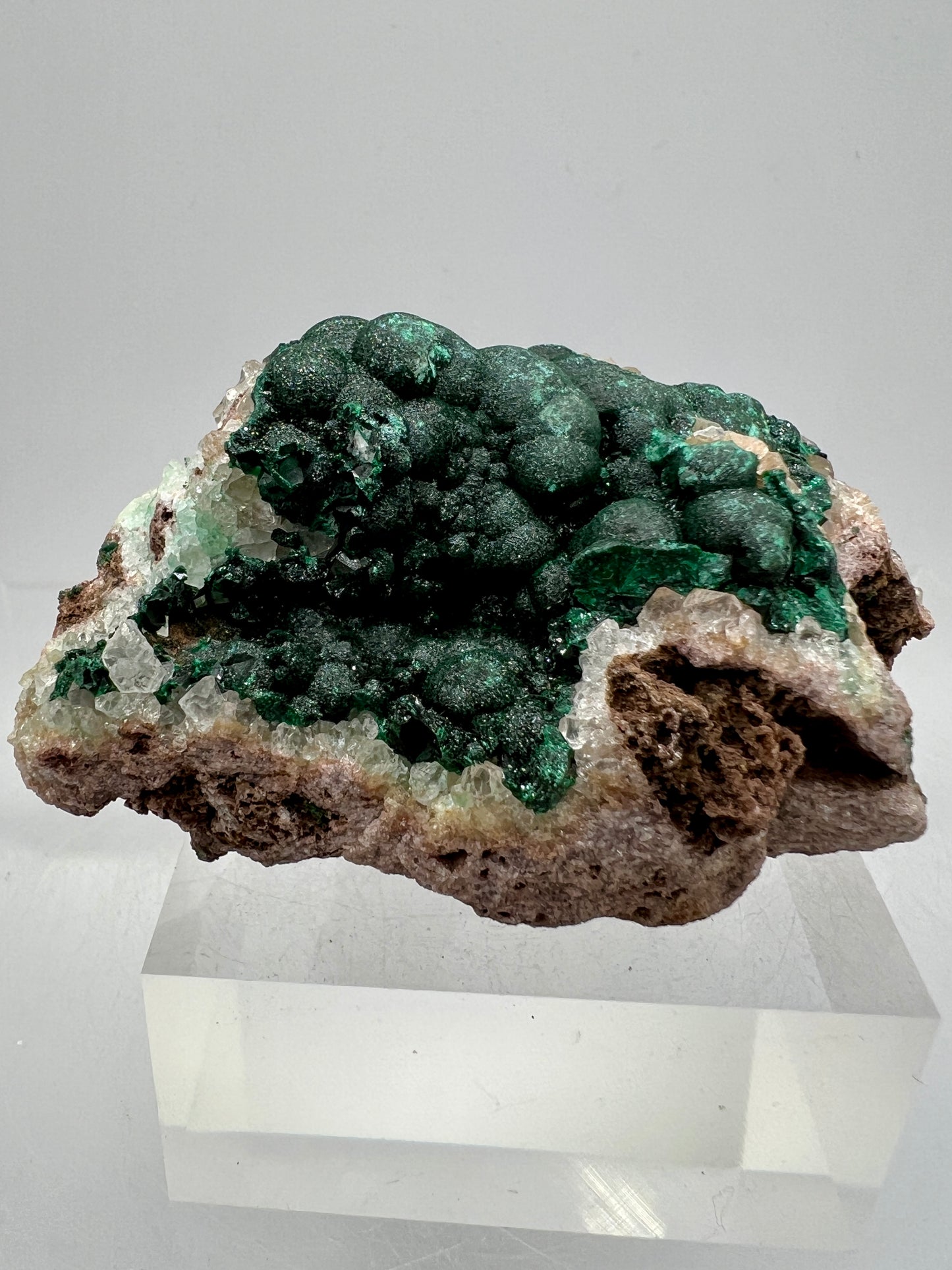 Ball Malachite On A Druzy Quartz And Dolomite Matrix. Rare Beautiful Specimen From Congo.