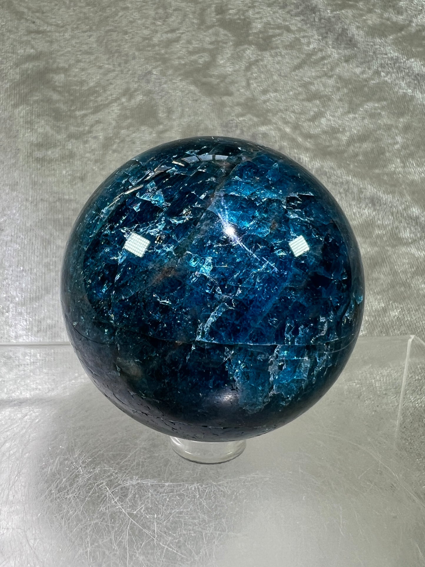 Blue Apatite Crystal Sphere. 58mm. Gorgeous Deep Blue With Lots Of Iridescent Flash. High Quality Display Sphere