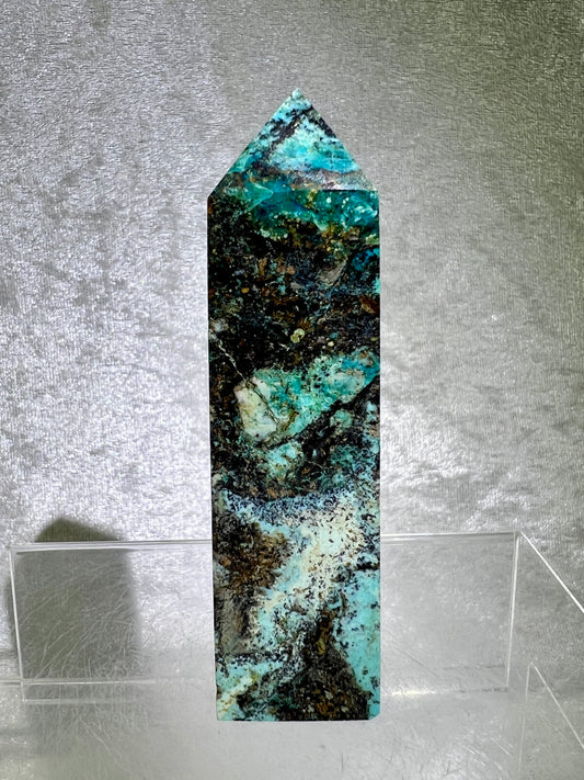 Azurite, Chrysocolla, And Malachite Druzy Tower. Rare And Beautiful Crystal Point.