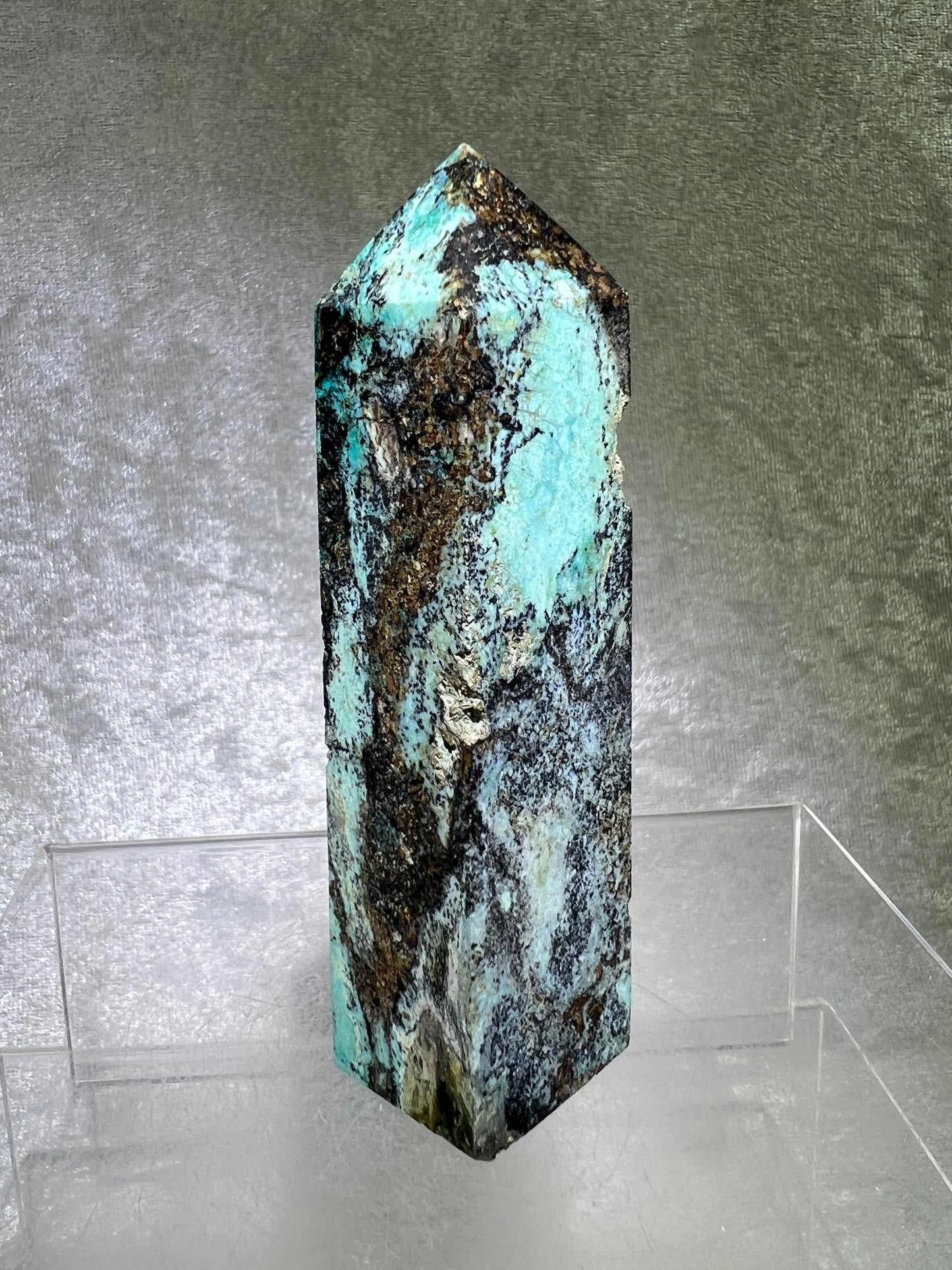 Azurite, Chrysocolla, And Malachite Druzy Tower. Rare And Beautiful Crystal Point.
