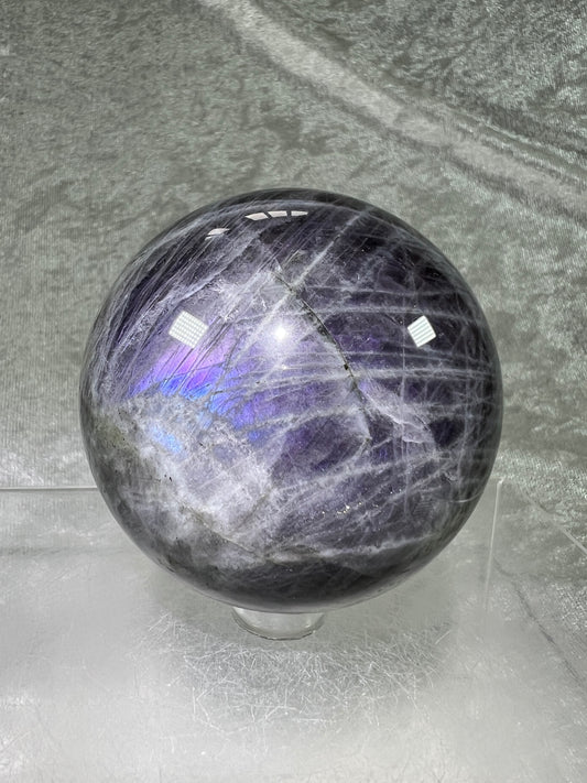 Labradorite Crystal Sphere. 66mm. Very Rare Rainbow Flash With Purple, Pink, Yellow, Orange, And Blue. Amazing Sphere!