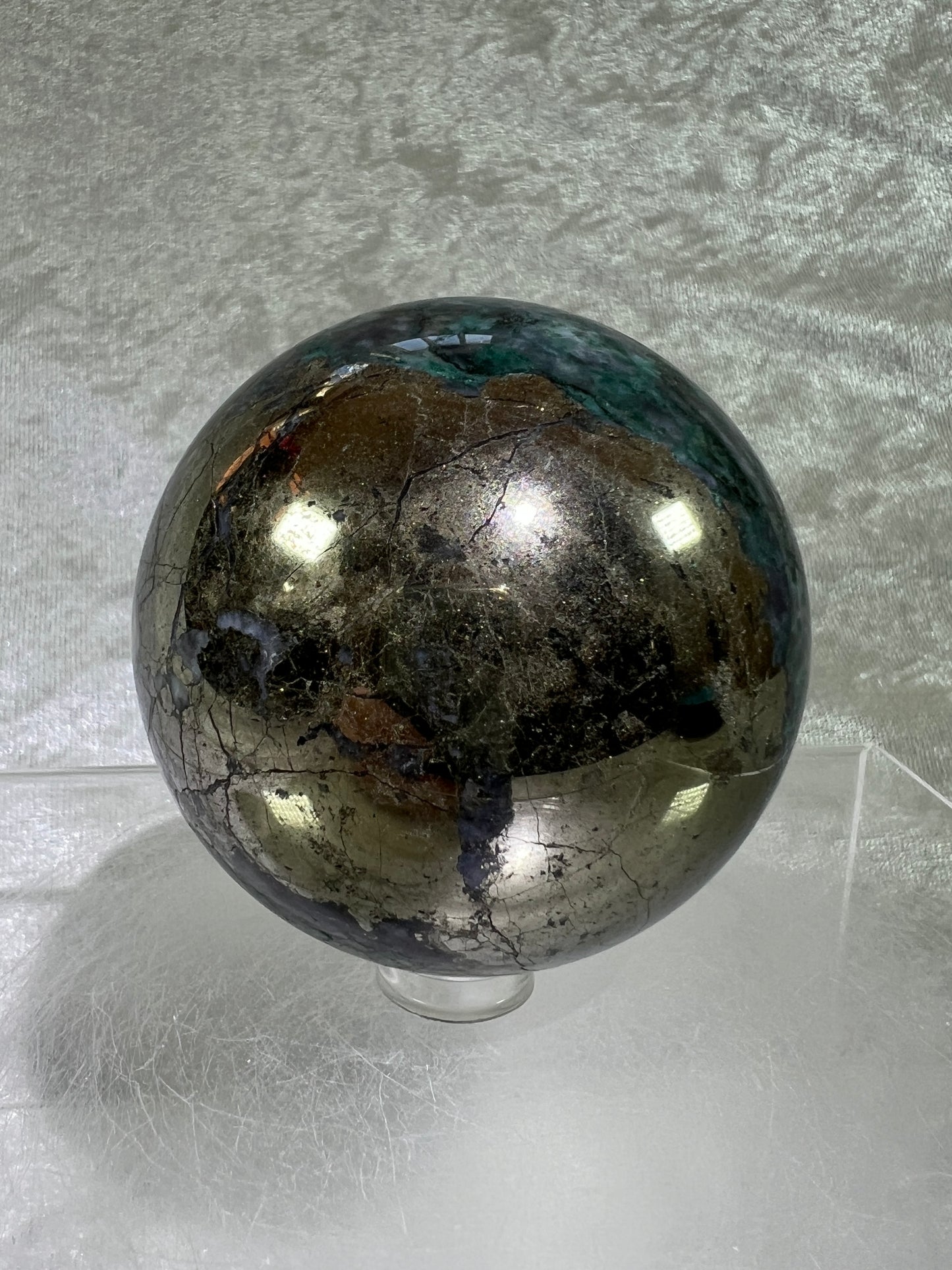 Atacamite And Pyrite Sphere. 64mm. High Quality Rare Sphere. Gorgeous Color Combination.