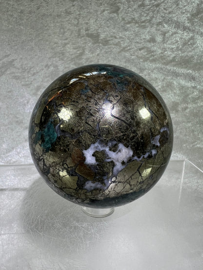 Atacamite And Pyrite Sphere. 64mm. High Quality Rare Sphere. Gorgeous Color Combination.