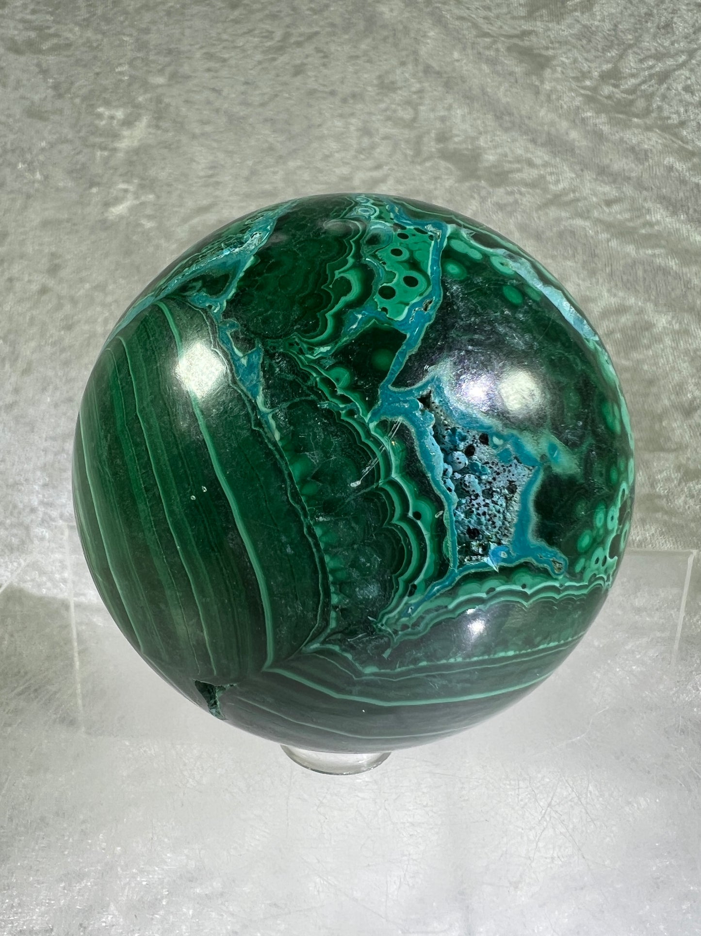 Malachite And Druzy Chrysocolla Sphere. 69mm. Gorgeous Rare Collectors Piece. Amazing Patterns With Vibrant Colors.