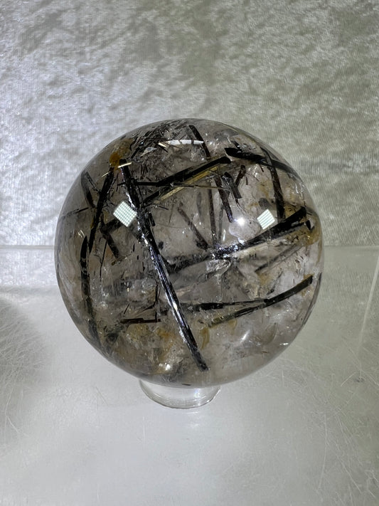 Black Tourmaline Quartz Sphere. Incredible Black Rutile Sphere. Tourmalinated Quartz Display Crystal