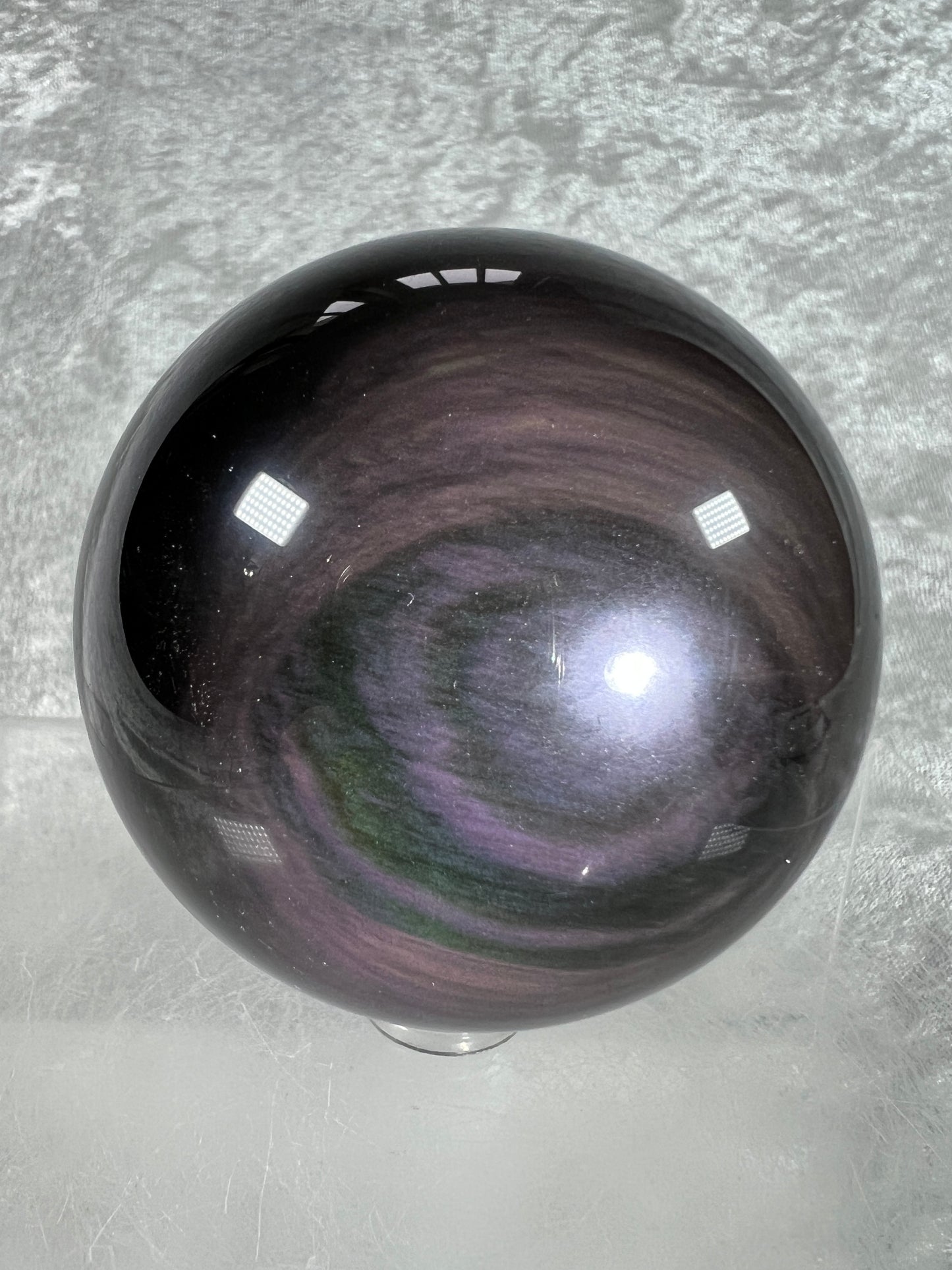 Rainbow Obsidian Sphere. 66mm. Beautiful Purple And Green Rainbow Flash. Rare And Stunning Display Sphere