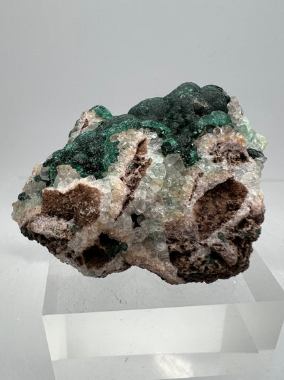 Ball Malachite On A Druzy Quartz And Dolomite Matrix. Rare Beautiful Specimen From Congo.