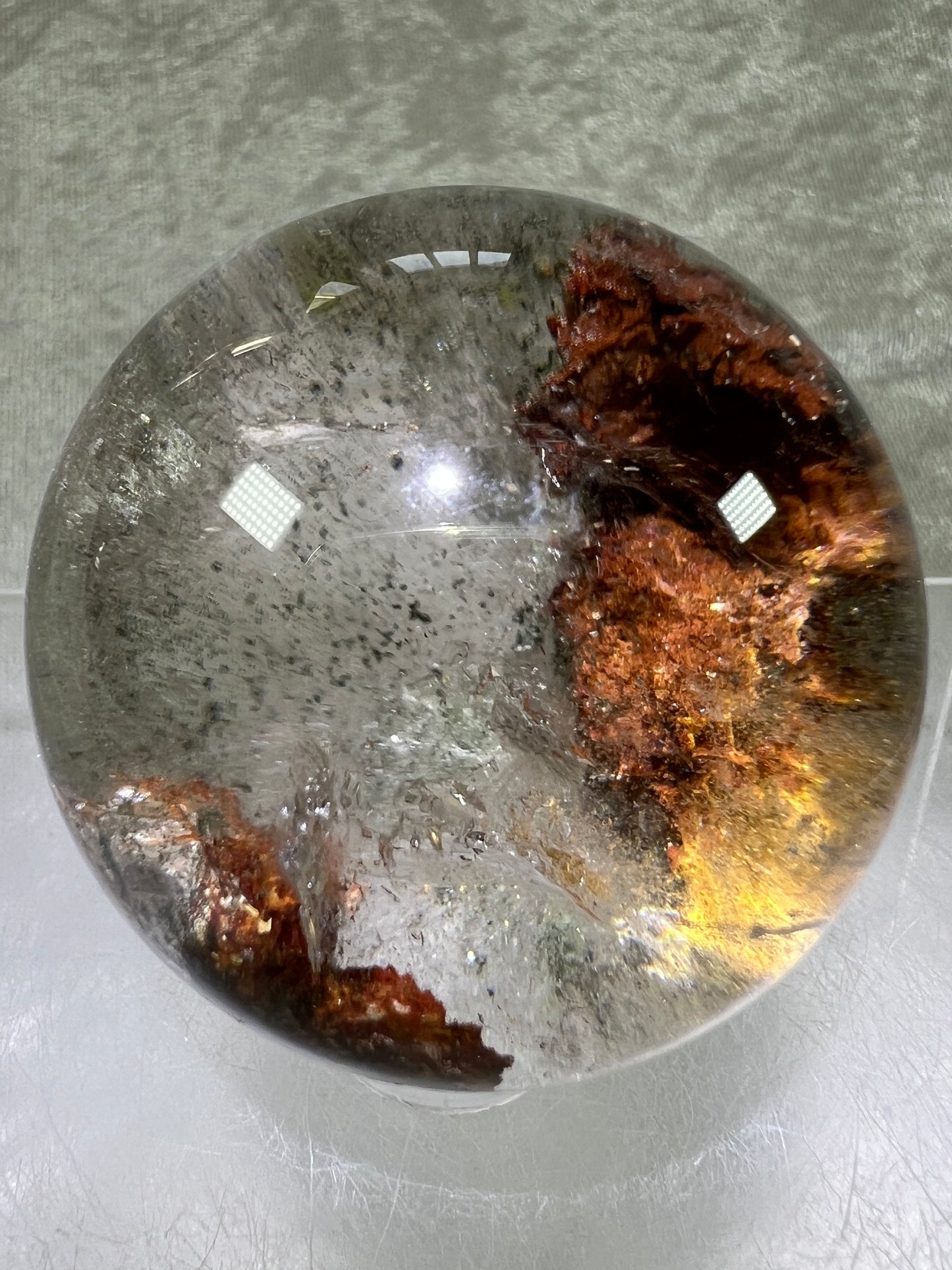 Garden Quartz Lodolite Sphere. 51mm. Stunning High Quality Orange And Green Landscape.