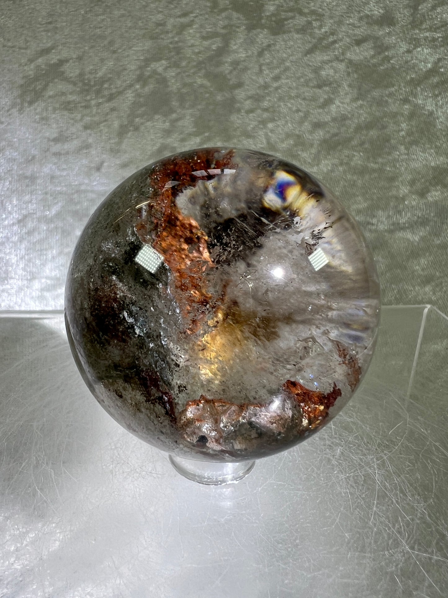 Garden Quartz Lodolite Sphere. 51mm. Stunning High Quality Orange And Green Landscape.