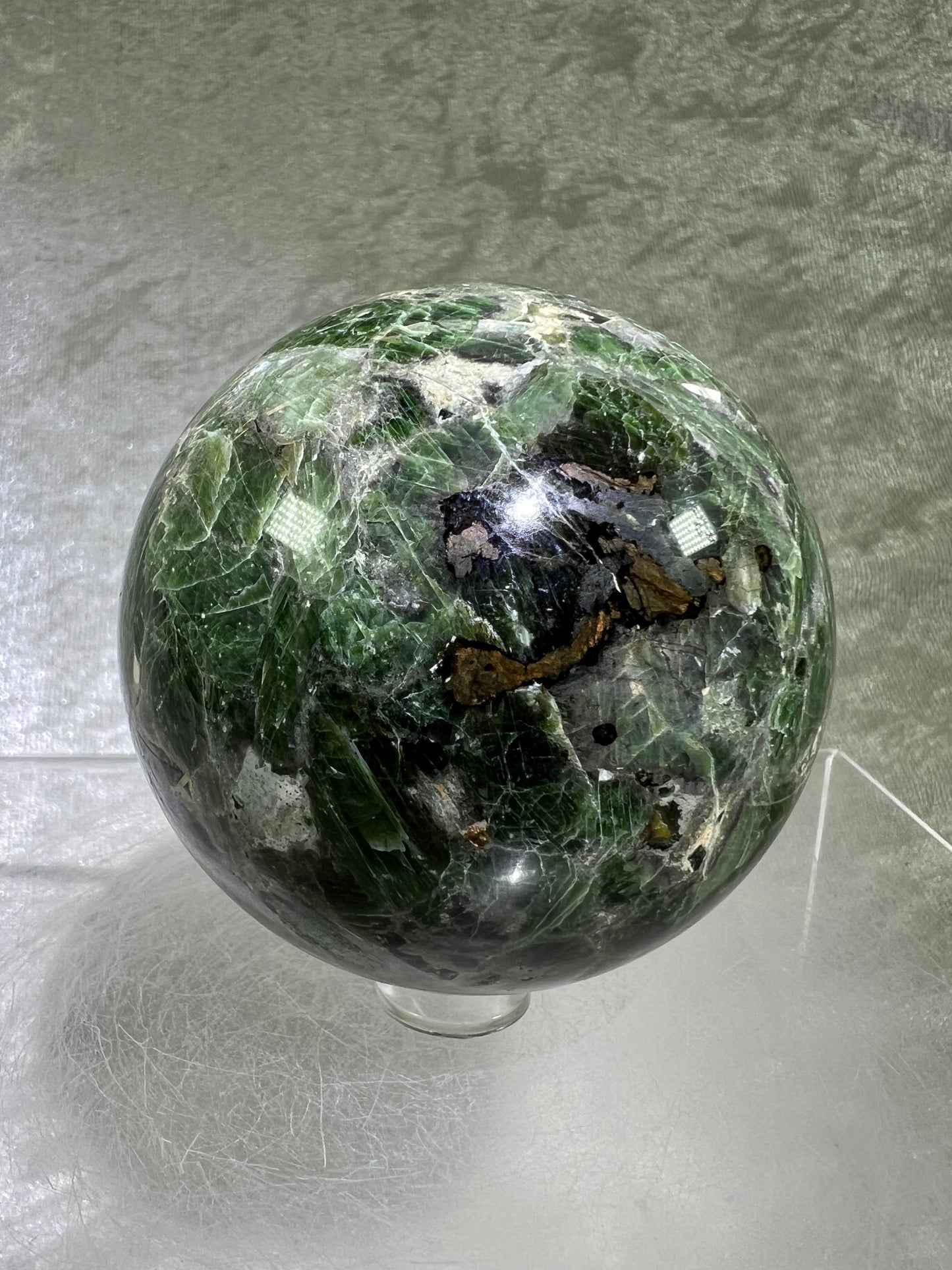 Diopside Crystal Sphere. 67mm. Very High Quality Display Sphere. Gorgeous Colors With Lots Of Beautiful Flash