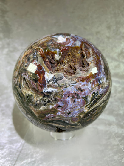 Ocean Jasper Sphere. XL Druzy Display Sphere. 147mm, 9.4 lbs. Gorgeous Colors With Stunning Druzy. Showstopper!