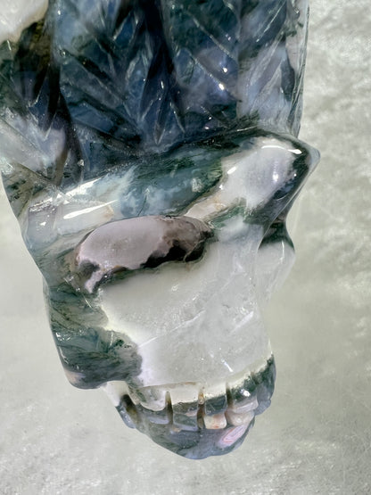 Moss Agate Crystal Skull Carving. Very Cool Crystal Indian Skull. Unique Display Crystal