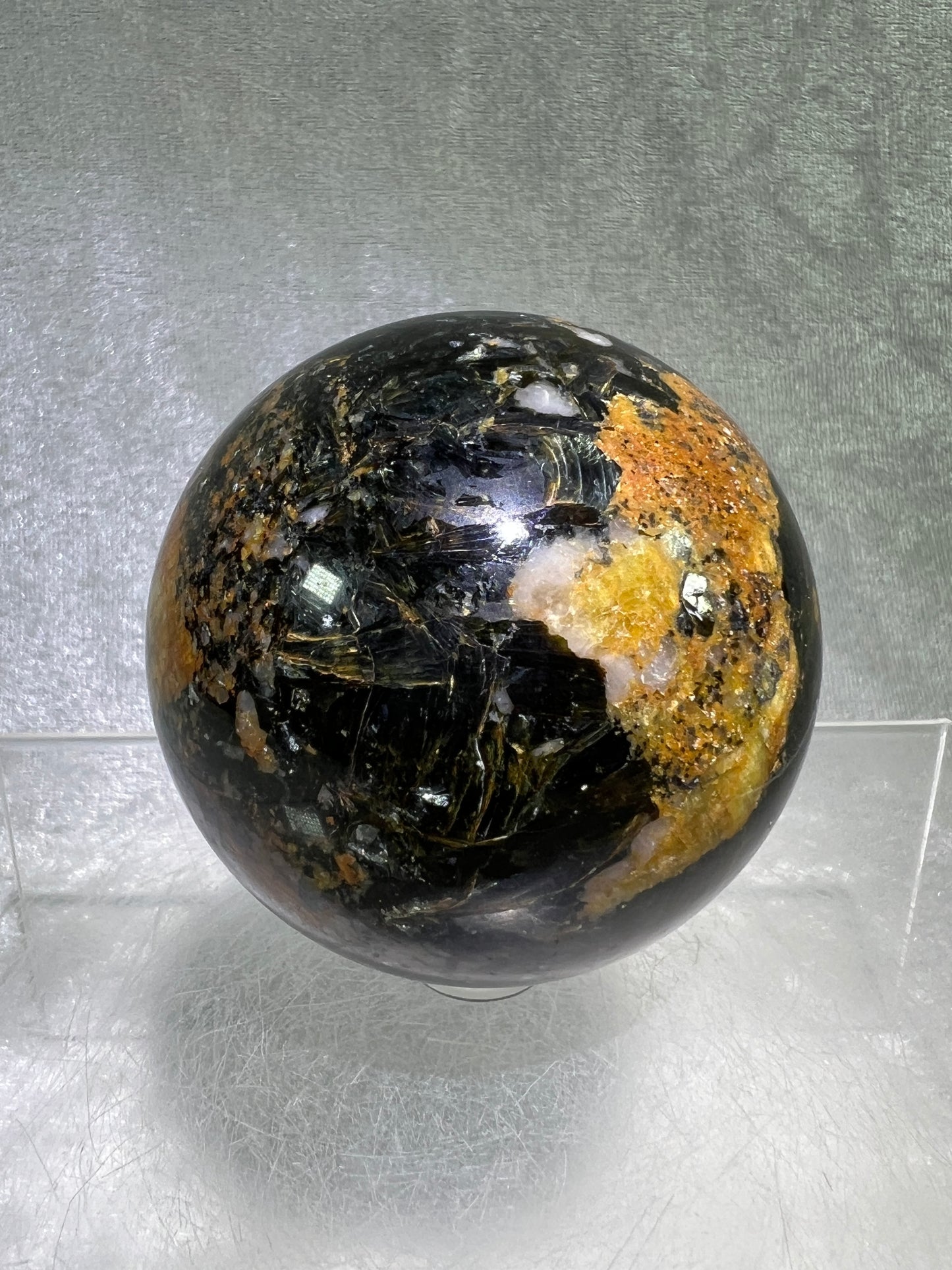 Yellow Tourmaline And Black Mica Sphere. 65mm. Rare New Discovery. Stunning And Flashy Display Sphere.