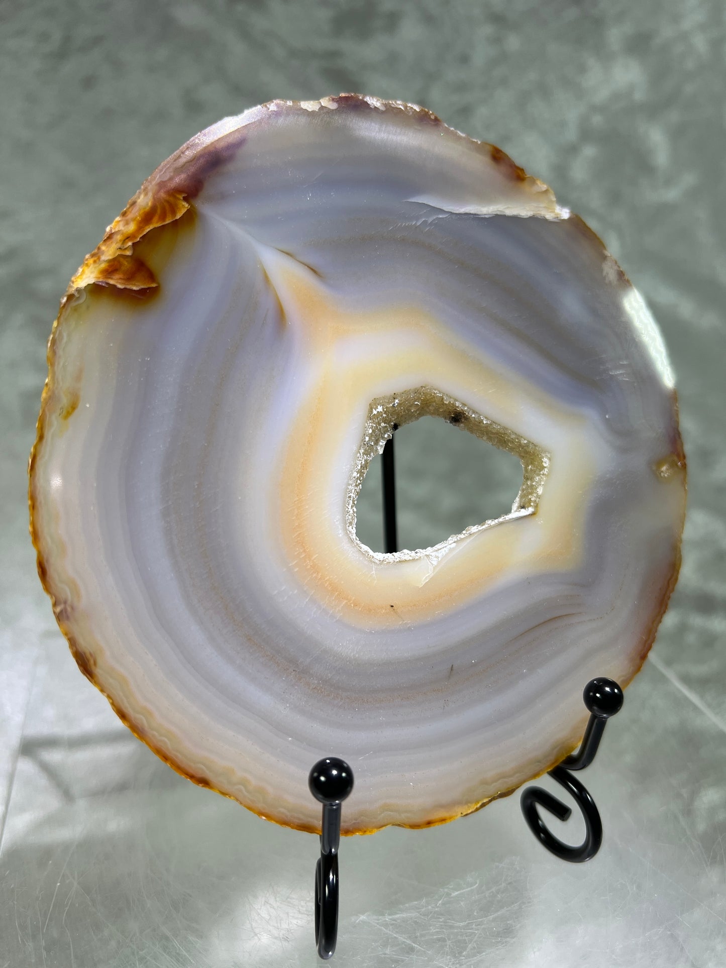 Druzy Agate Slab. Amazing Brazilian Agate Slice With A Black Metal Stand. Very Pretty Display Crystal.