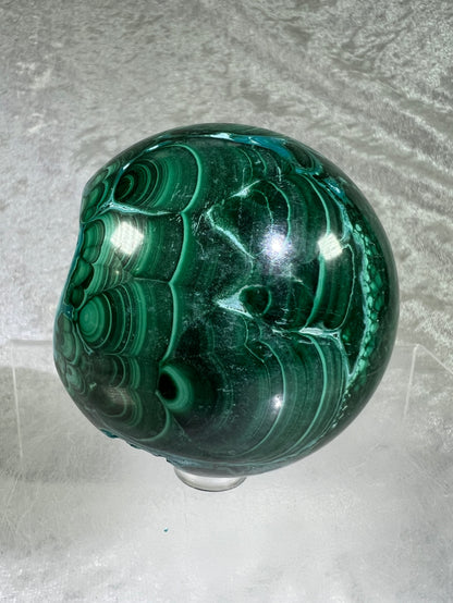 Malachite And Druzy Chrysocolla Sphere. 69mm. Gorgeous Rare Collectors Piece. Amazing Patterns With Vibrant Colors.