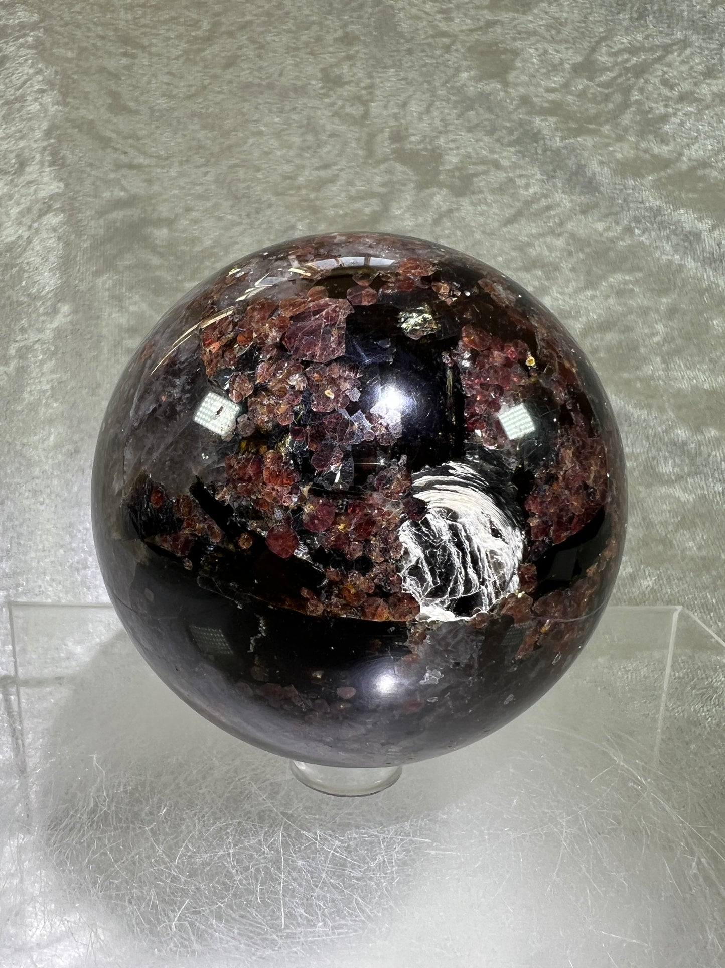 Garnet And Biotite Mica Sphere. 69mm. Stunning Garnet Display Sphere With Lots Of Mica Flash.