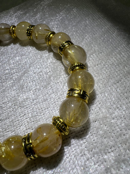 Rutile Quartz Crystal Bead Bracelet. Beautiful Rutilated Quartz Bracelet. 9.5mm. Two Different Styles Of Spacers.