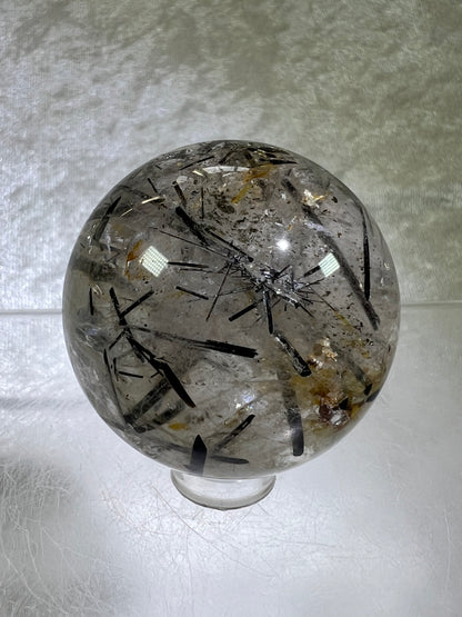 Black Tourmaline Quartz Sphere. Incredible Black Rutile Sphere. Tourmalinated Quartz Display Crystal