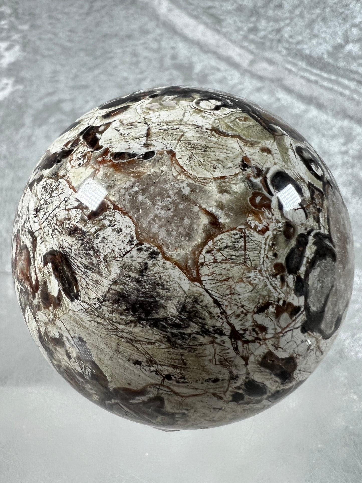 Money Agate Crystal Sphere. 69mm. Stunning Indonesian Bloodstone. Amazing Colors And Patterns