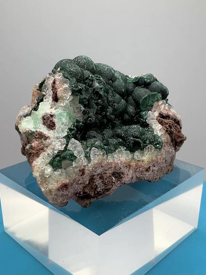 Ball Malachite On A Druzy Quartz And Dolomite Matrix. Rare Beautiful Specimen From Congo.