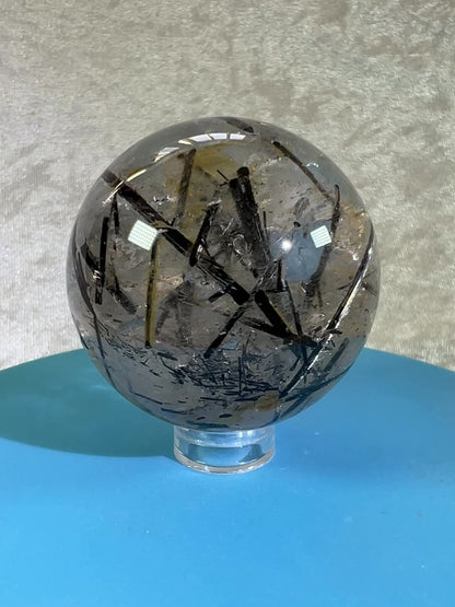 Black Tourmaline Quartz Sphere. Incredible Black Rutile Sphere. Tourmalinated Quartz Display Crystal