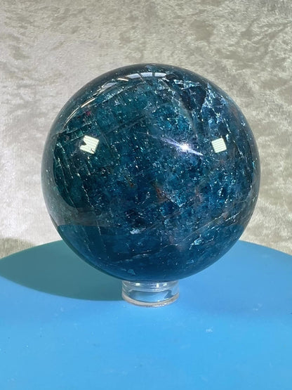 Blue Apatite Crystal Sphere. 58mm. Gorgeous Deep Blue With Lots Of Iridescent Flash. High Quality Display Sphere