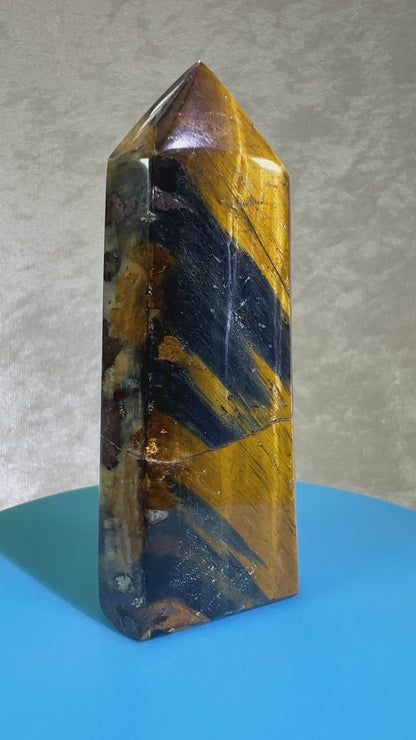 Blue Tigers Eye Crystal Tower. Amazing Rare Hawks Eye Crystal.