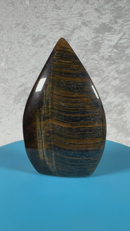 Blue Tigers Eye Crystal Flame. Gorgeous Hawks Eye Freeform Flame.