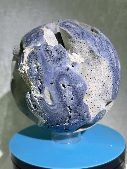 Blue Coral Sphere. Huge 108mm! Amazing Fossilized Heliopora Coerulea. Gorgeous Blue Ridge Coral Centerpiece Display Sphere