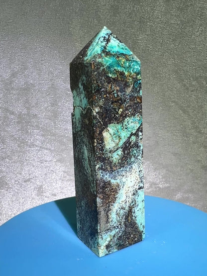 Azurite, Chrysocolla, And Malachite Druzy Tower. Rare And Beautiful Crystal Point.