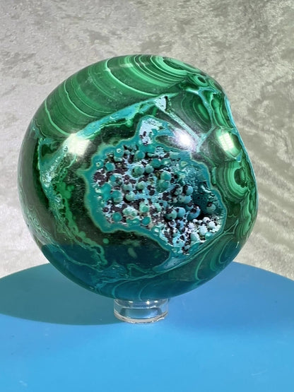 Malachite And Druzy Chrysocolla Sphere. 69mm. Gorgeous Rare Collectors Piece. Amazing Patterns With Vibrant Colors.