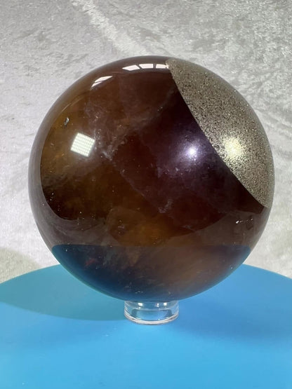 Fluorite And Pyrite Crystal Sphere. 68mm. Gorgeous Smoky Fluorite Display Sphere.