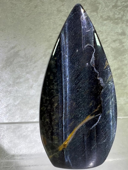 Blue Tigers Eye Crystal Flame. Gorgeous Hawks Eye Freeform Flame.