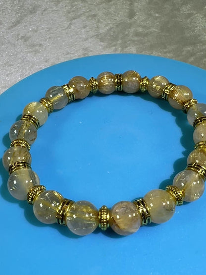 Rutile Quartz Crystal Bead Bracelet. Beautiful Rutilated Quartz Bracelet. 9.5mm. Two Different Styles Of Spacers.