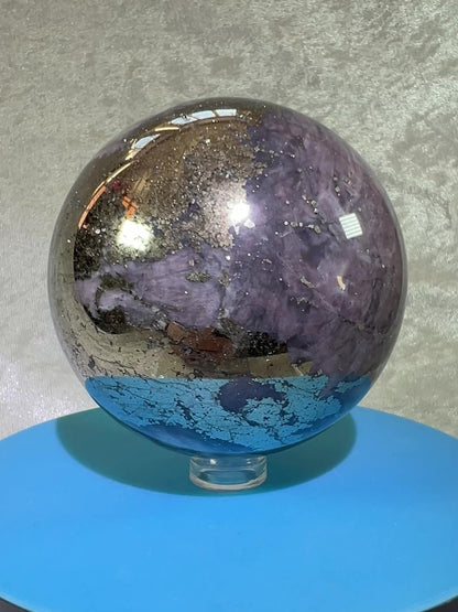 Pyrite And Purple Agate Sphere. 71mm. Gorgeous Large Sphere. Beautiful Color Combination.