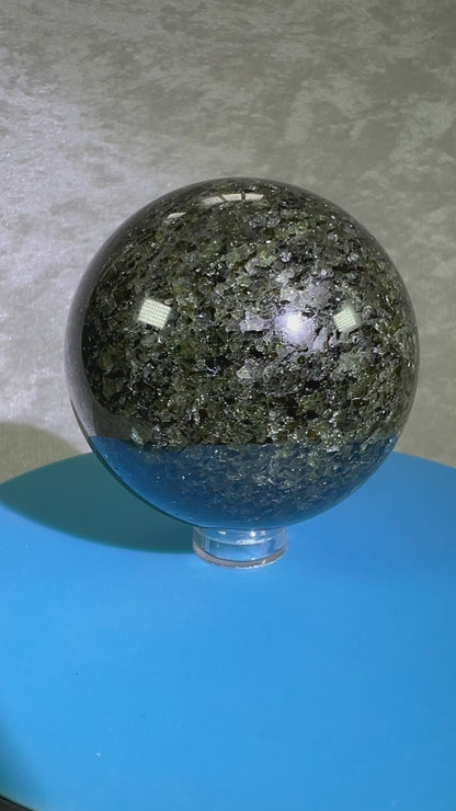 Peridot Olivine Sphere. Rare Peridot In Matrix Sphere. Gorgeous Green Gem Flash