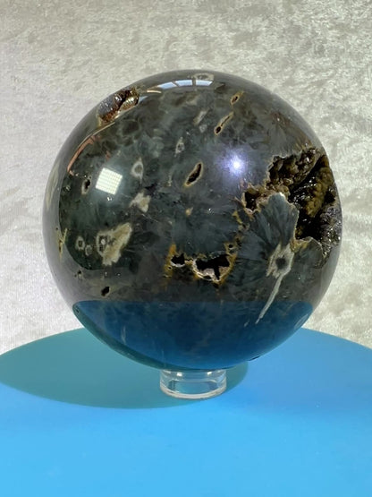 Ocean Jasper Sphere. 69mm. Crazy Green Druzy. Stunning And Unique Display Sphere.