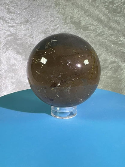 Rutile Quartz Sphere. Amazing Smoky Quartz With Stunning Golden Rutile Inclusions.