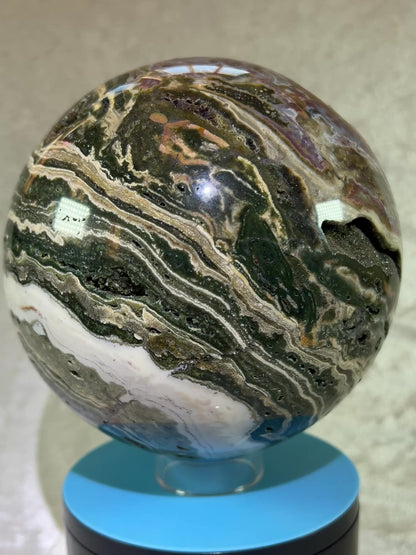 Ocean Jasper Sphere. XL Druzy Display Sphere. 147mm, 9.4 lbs. Gorgeous Colors With Stunning Druzy. Showstopper!